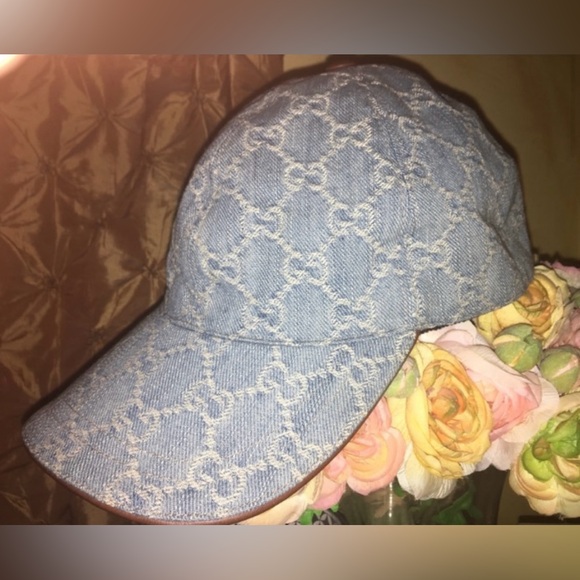 GUCCI Vintage Monogram RARE Chambray Denim Woman's Baseball Hat - Picture 11 of 11